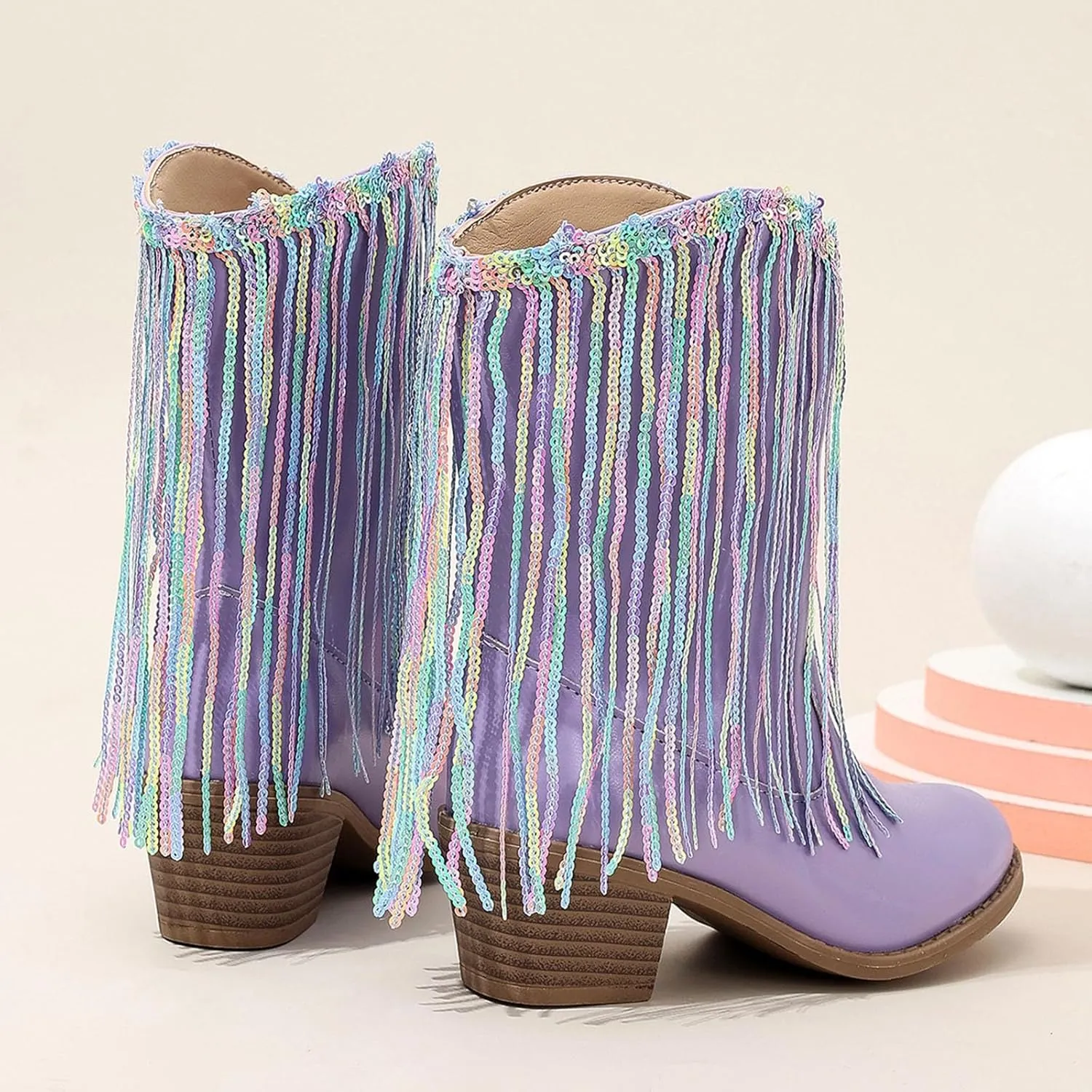 Girls Mid Calf Boots Kids Fashion Tassel Sequin Princess Boots High Heel Fall Boots Slip On Cowgirl Western Boots