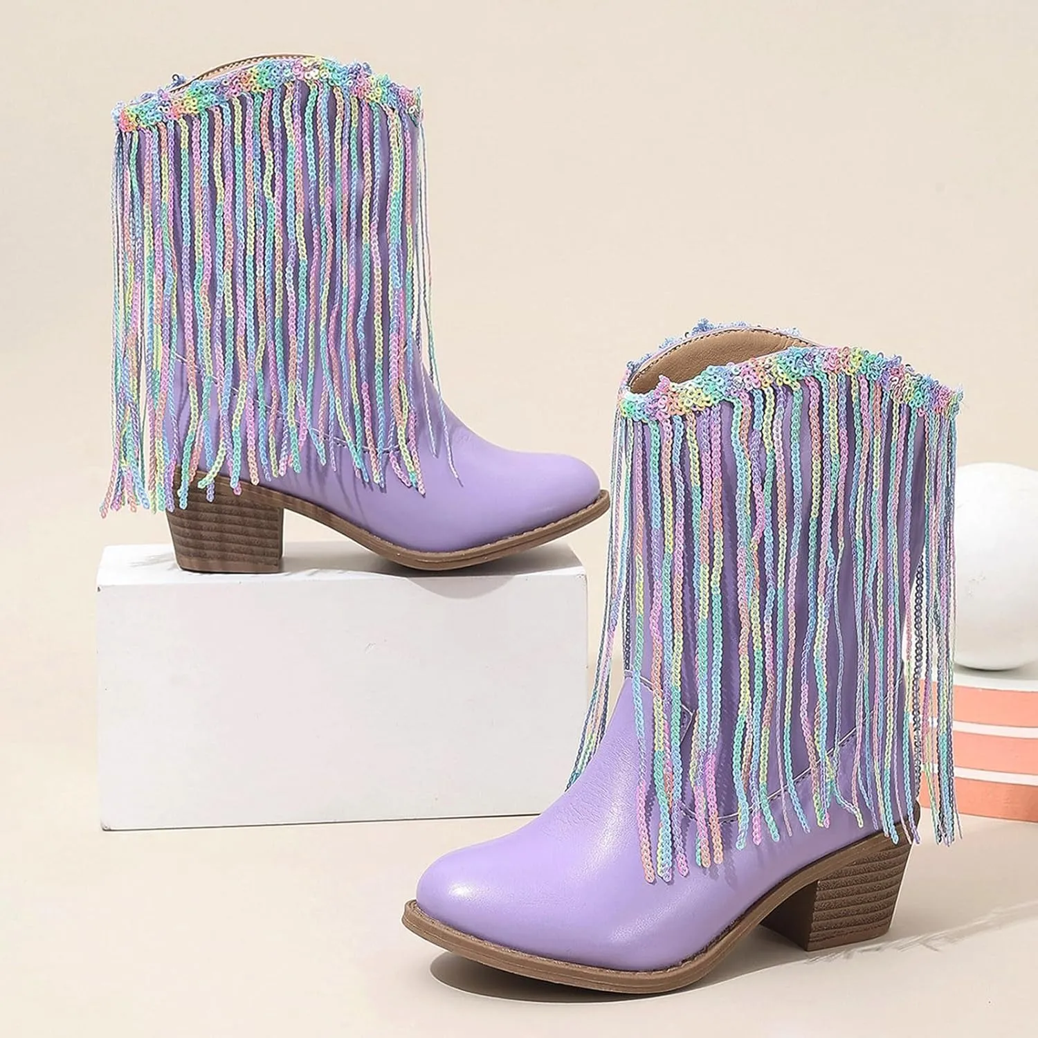 Girls Mid Calf Boots Kids Fashion Tassel Sequin Princess Boots High Heel Fall Boots Slip On Cowgirl Western Boots
