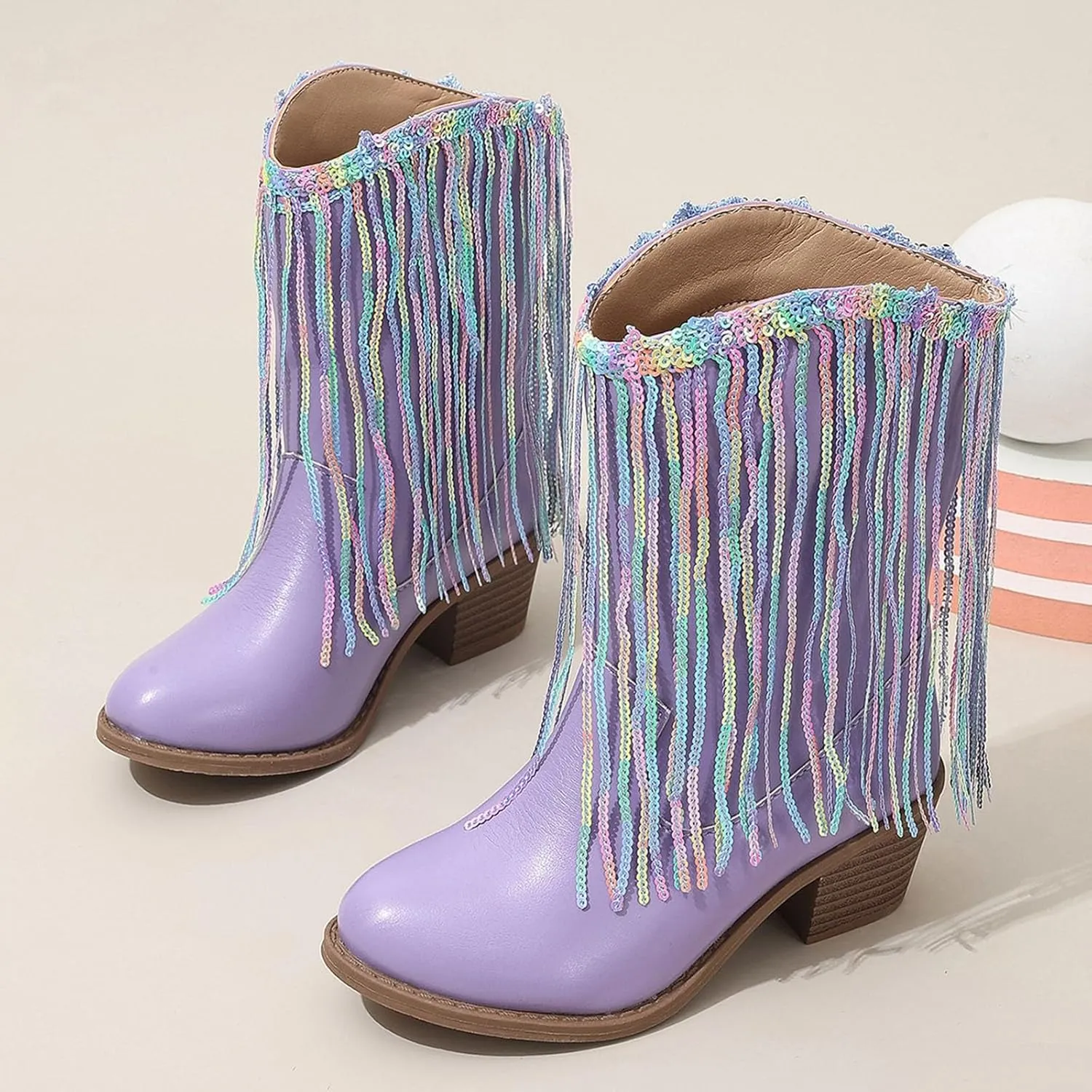 Girls Mid Calf Boots Kids Fashion Tassel Sequin Princess Boots High Heel Fall Boots Slip On Cowgirl Western Boots