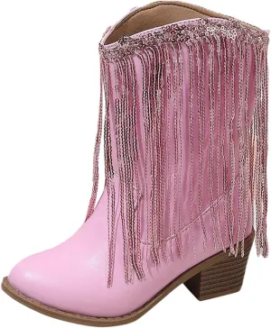 Girls Mid Calf Boots Kids Fashion Tassel Sequin Princess Boots High Heel Fall Boots Slip On Cowgirl Western Boots