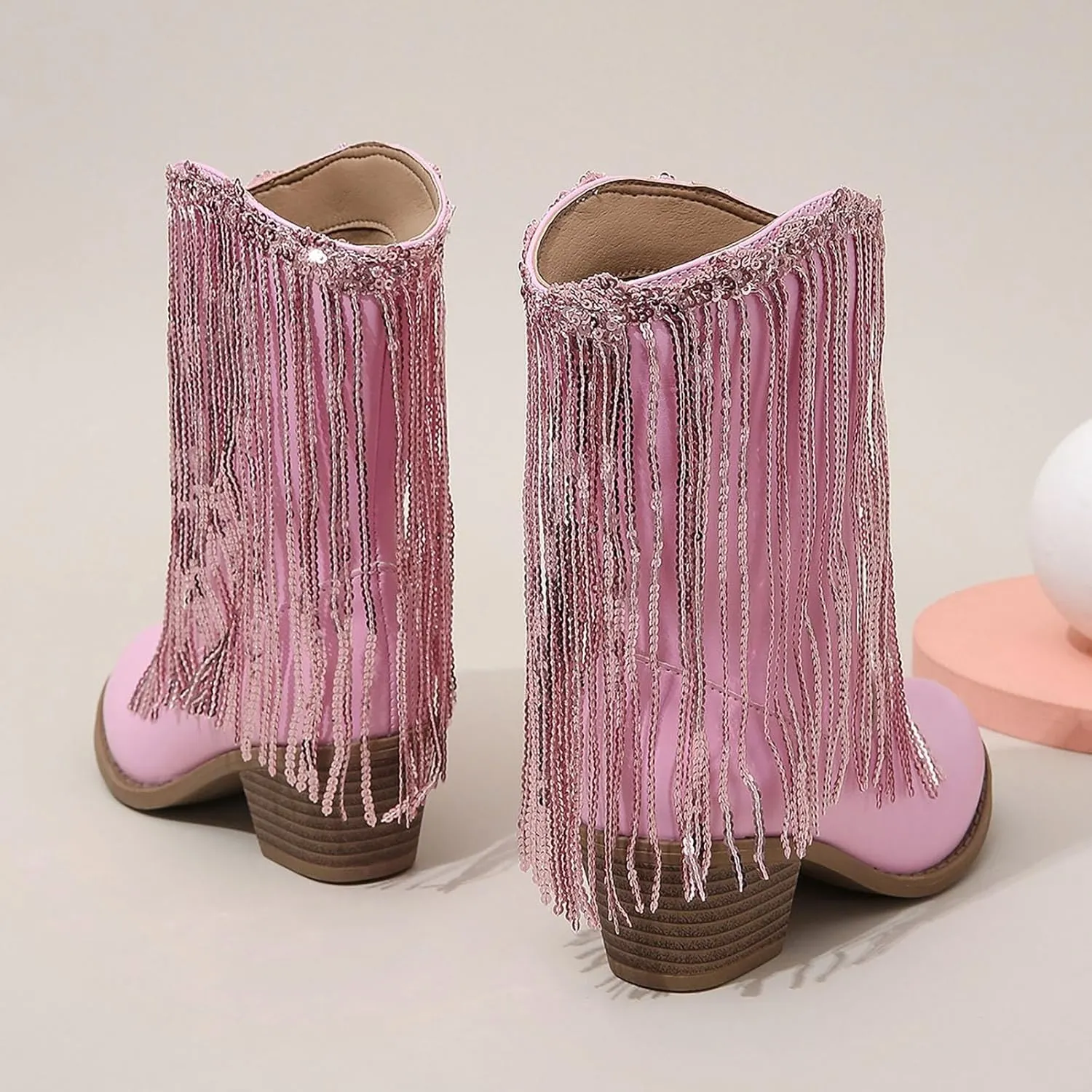 Girls Mid Calf Boots Kids Fashion Tassel Sequin Princess Boots High Heel Fall Boots Slip On Cowgirl Western Boots