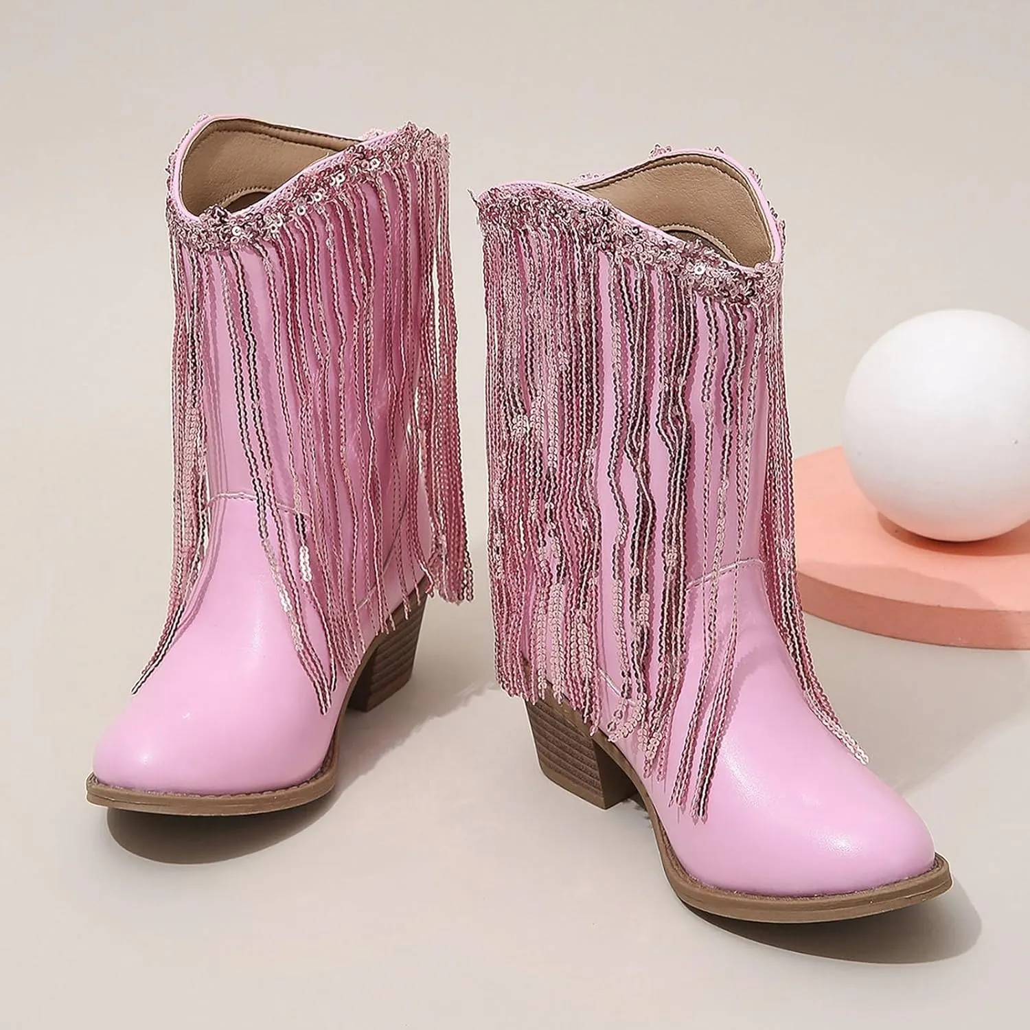 Girls Mid Calf Boots Kids Fashion Tassel Sequin Princess Boots High Heel Fall Boots Slip On Cowgirl Western Boots