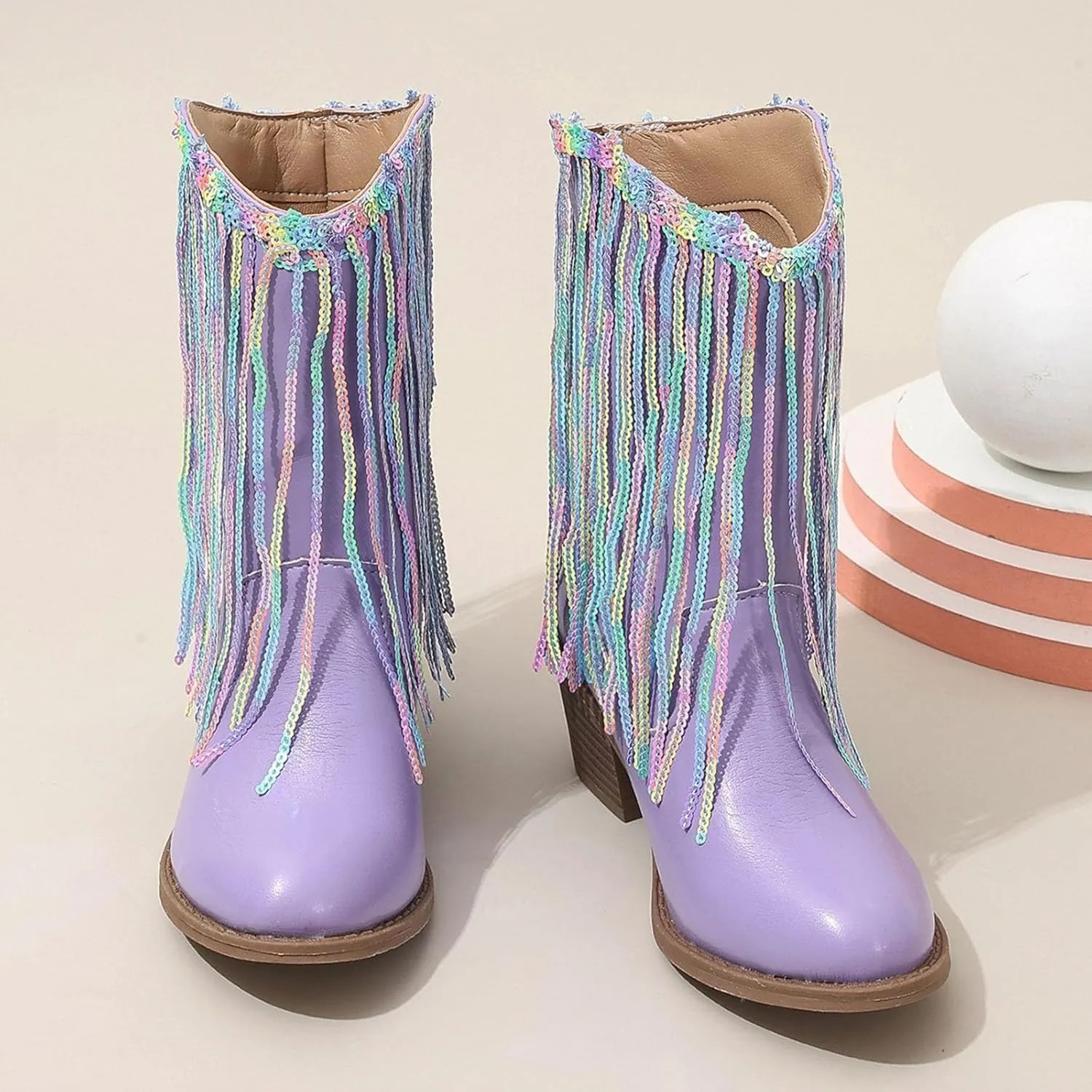 Girls Mid Calf Boots Kids Fashion Tassel Sequin Princess Boots High Heel Fall Boots Slip On Cowgirl Western Boots