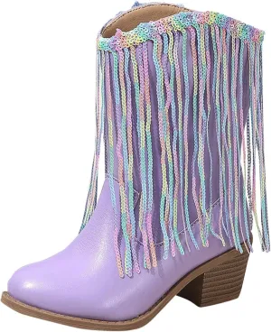 Girls Mid Calf Boots Kids Fashion Tassel Sequin Princess Boots High Heel Fall Boots Slip On Cowgirl Western Boots