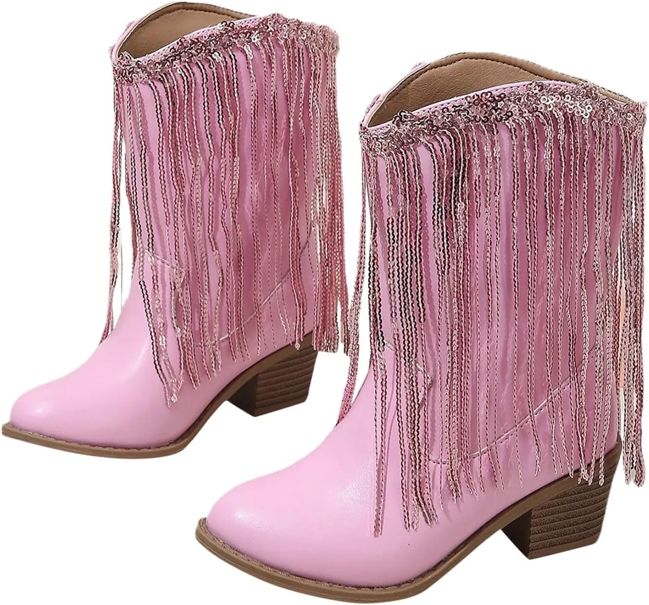 Girls Mid Calf Boots Kids Fashion Tassel Sequin Princess Boots High Heel Fall Boots Slip On Cowgirl Western Boots