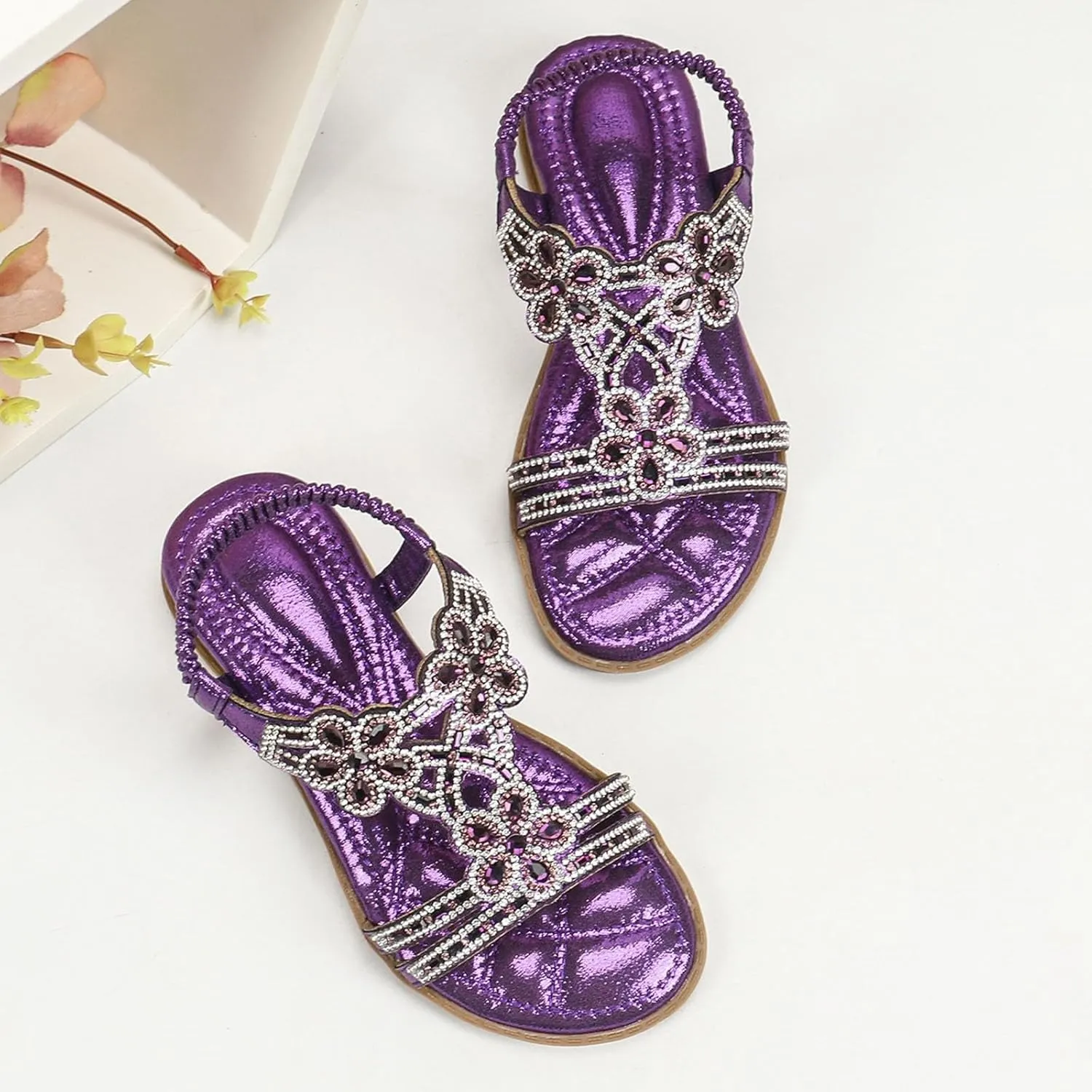 Girls Rhinestone Sandals Flower Glitter Bohemian T-Strap Flats Open Toe Non-slip Sandals Kids Casual Summer Shoes