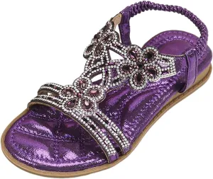 Girls Rhinestone Sandals Flower Glitter Bohemian T-Strap Flats Open Toe Non-slip Sandals Kids Casual Summer Shoes