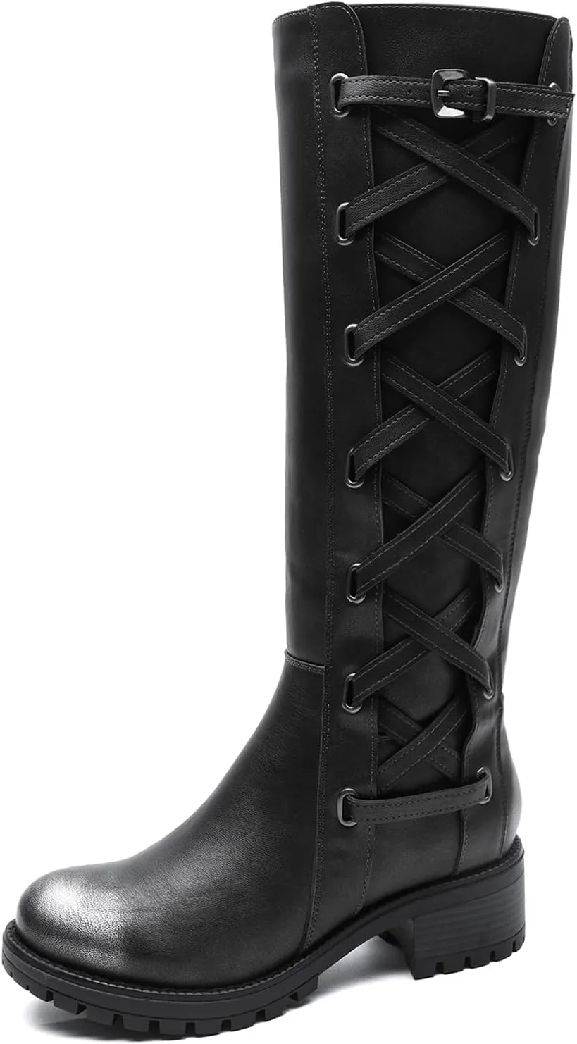 GLOBALWIN Women's Boots Back Lace Up Fall Winter Fashion Knee High Boots For Women