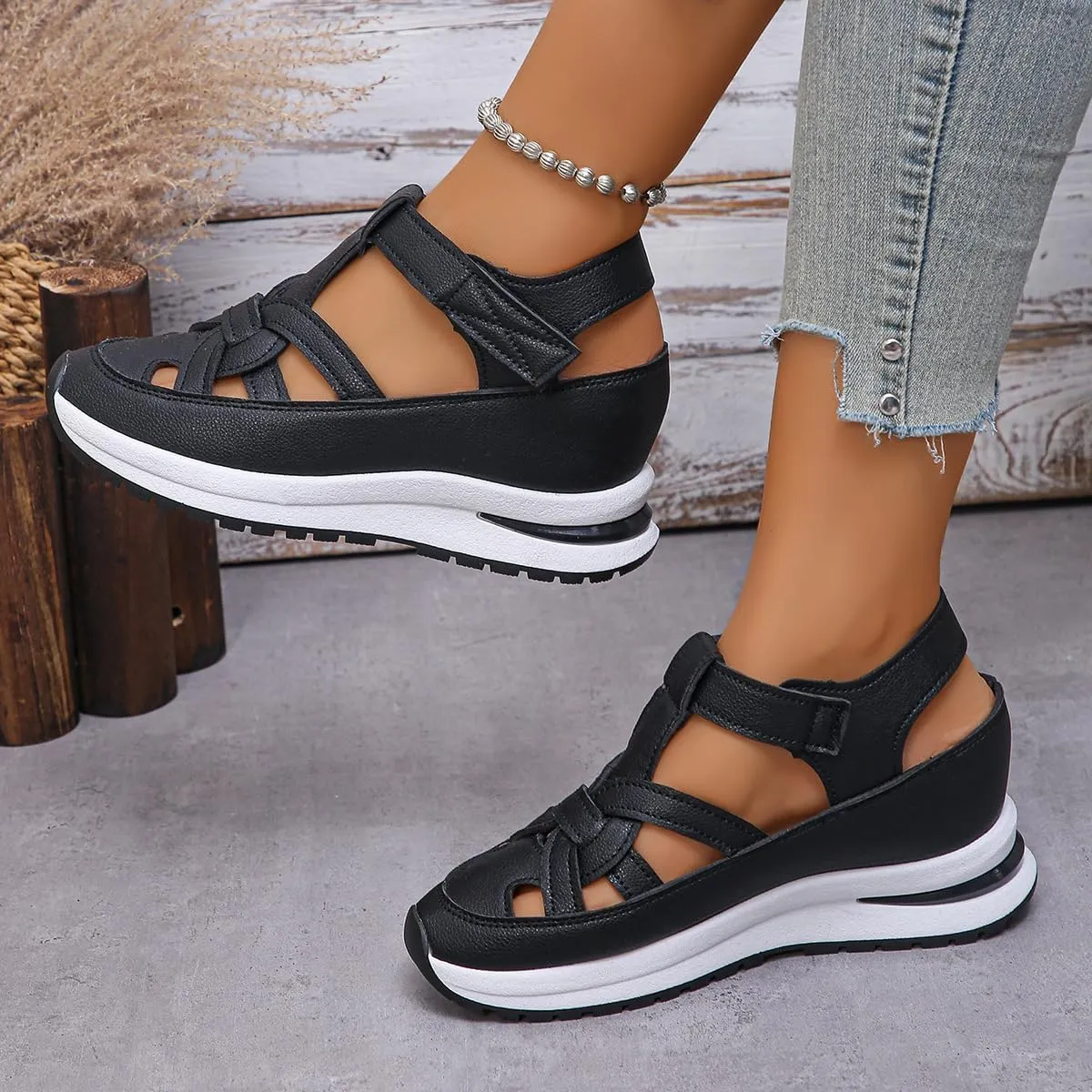 Glowstep Orthopedic Low Heel Cut-Out Sandals, 2025 Summer Platform Wedge, Bomre orthopedic sandals for women, lustre and glow Shoes, Beach Boho Arch Support Sandals