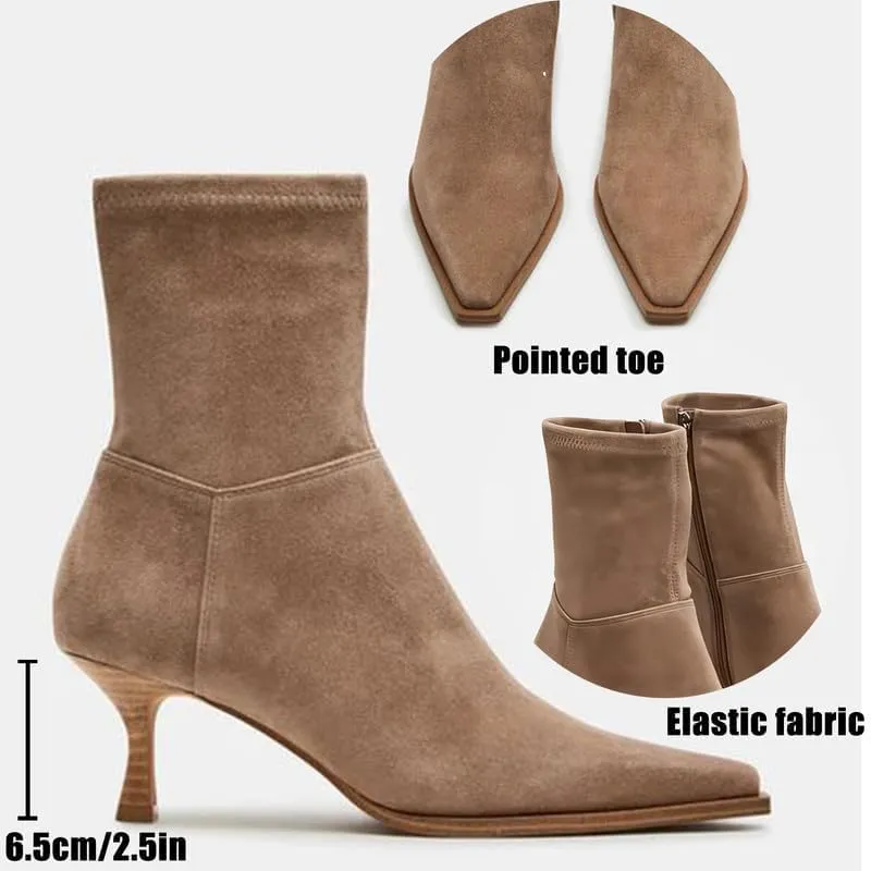 Goiphrri Women's Ankle Boots - Stiletto High Heel, Pointed Toe, Short, Side Zipper, Dress Boots - Elastic, Fashion, Trendy