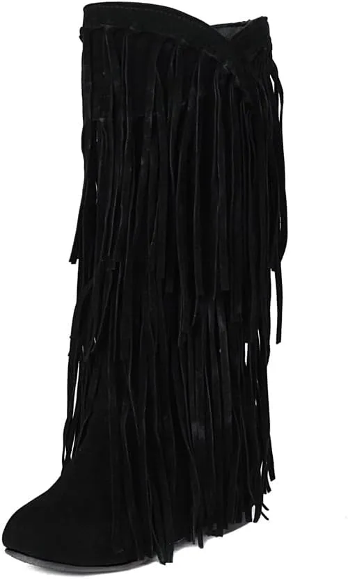 gongxifacai Womens Fringe Western Boots Fashion Hidden Heel Knee-high Boots
