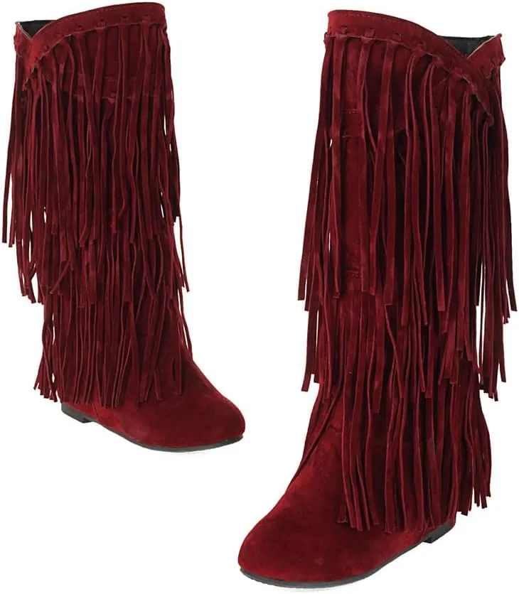 gongxifacai Womens Fringe Western Boots Fashion Hidden Heel Knee-high Boots