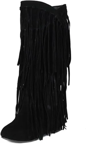 gongxifacai Womens Fringe Western Boots Fashion Hidden Heel Knee-high Boots