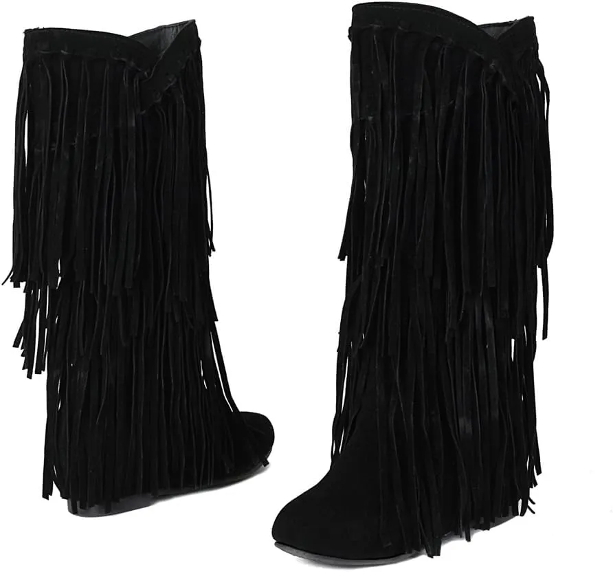 gongxifacai Womens Fringe Western Boots Fashion Hidden Heel Knee-high Boots