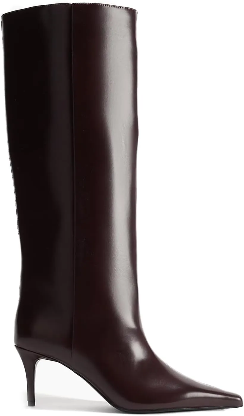 Goolita Burgundy Knee High Boots For Women, Pointed Toe Kitten Heel Wide Calf Boots Cherry Red Slip On Dress Tall Boots
