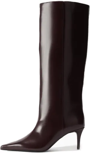 Goolita Burgundy Knee High Boots For Women, Pointed Toe Kitten Heel Wide Calf Boots Cherry Red Slip On Dress Tall Boots