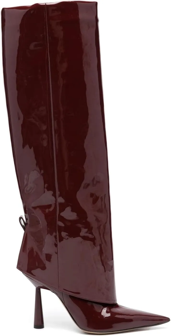 Goolita Fold Over Boots For Women, Pointed Toe Stiletto Heel Knee High Boots Fashion Comfortable Slip On Tall Boots