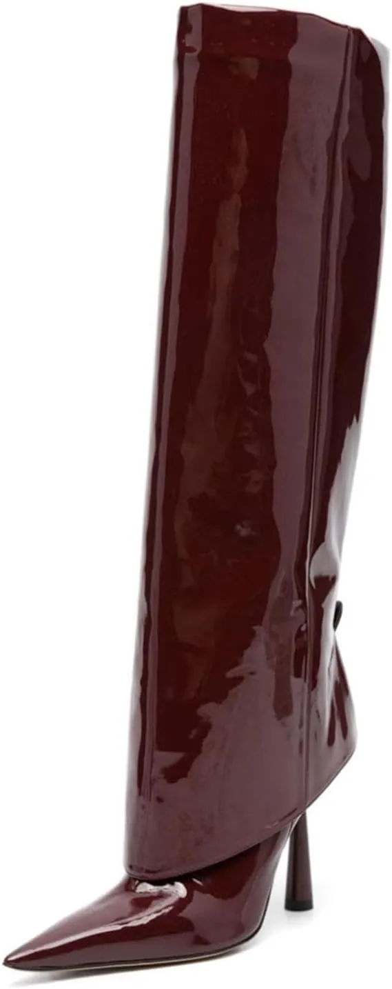 Goolita Fold Over Boots For Women, Pointed Toe Stiletto Heel Knee High Boots Fashion Comfortable Slip On Tall Boots