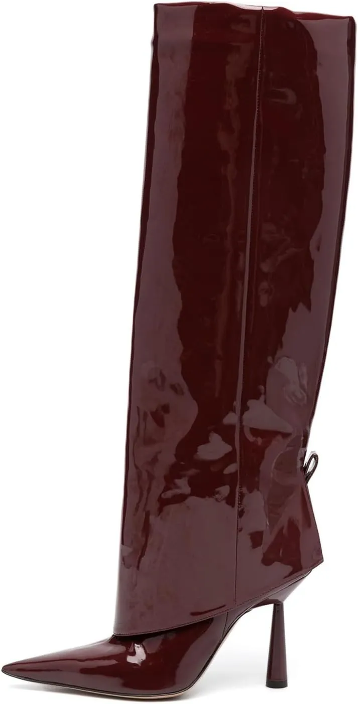 Goolita Fold Over Boots For Women, Pointed Toe Stiletto Heel Knee High Boots Fashion Comfortable Slip On Tall Boots