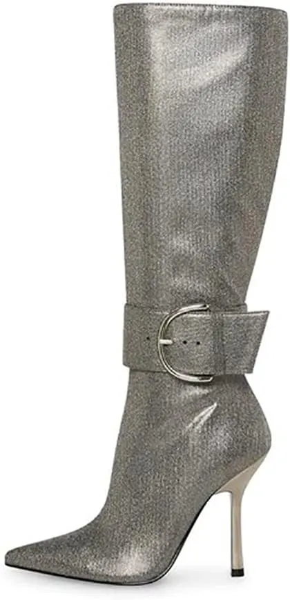 Goolita Women's Sexy Pointed Toe Stiletto High Heel Knee High Boots Shiny Side Zipper Buckle Comfortable Dress Boots