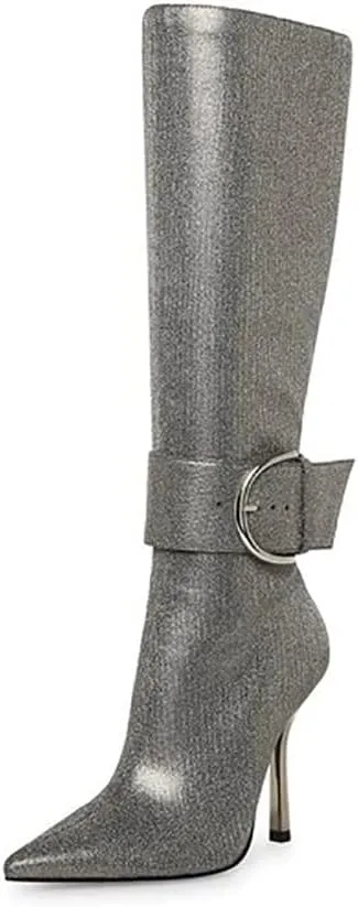 Goolita Women's Sexy Pointed Toe Stiletto High Heel Knee High Boots Shiny Side Zipper Buckle Comfortable Dress Boots