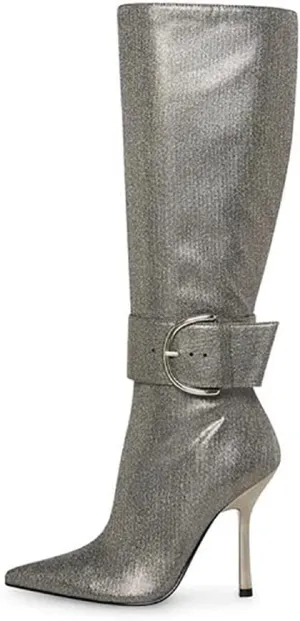 Goolita Women's Sexy Pointed Toe Stiletto High Heel Knee High Boots Shiny Side Zipper Buckle Comfortable Dress Boots