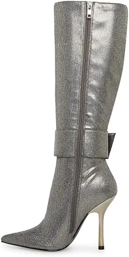 Goolita Women's Sexy Pointed Toe Stiletto High Heel Knee High Boots Shiny Side Zipper Buckle Comfortable Dress Boots