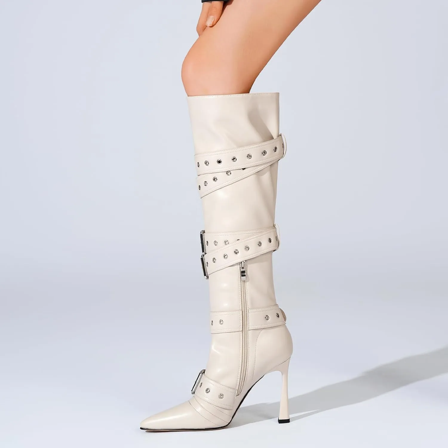 GOSERCE Black White Knee High Boots for Women Sexy Pointed Toe Buckle Rivets Tall Stiletto Boot Fashion Trendy High Heel Long Boots Zipper Ladies Patent Leather Black White Shoes Fall Winter