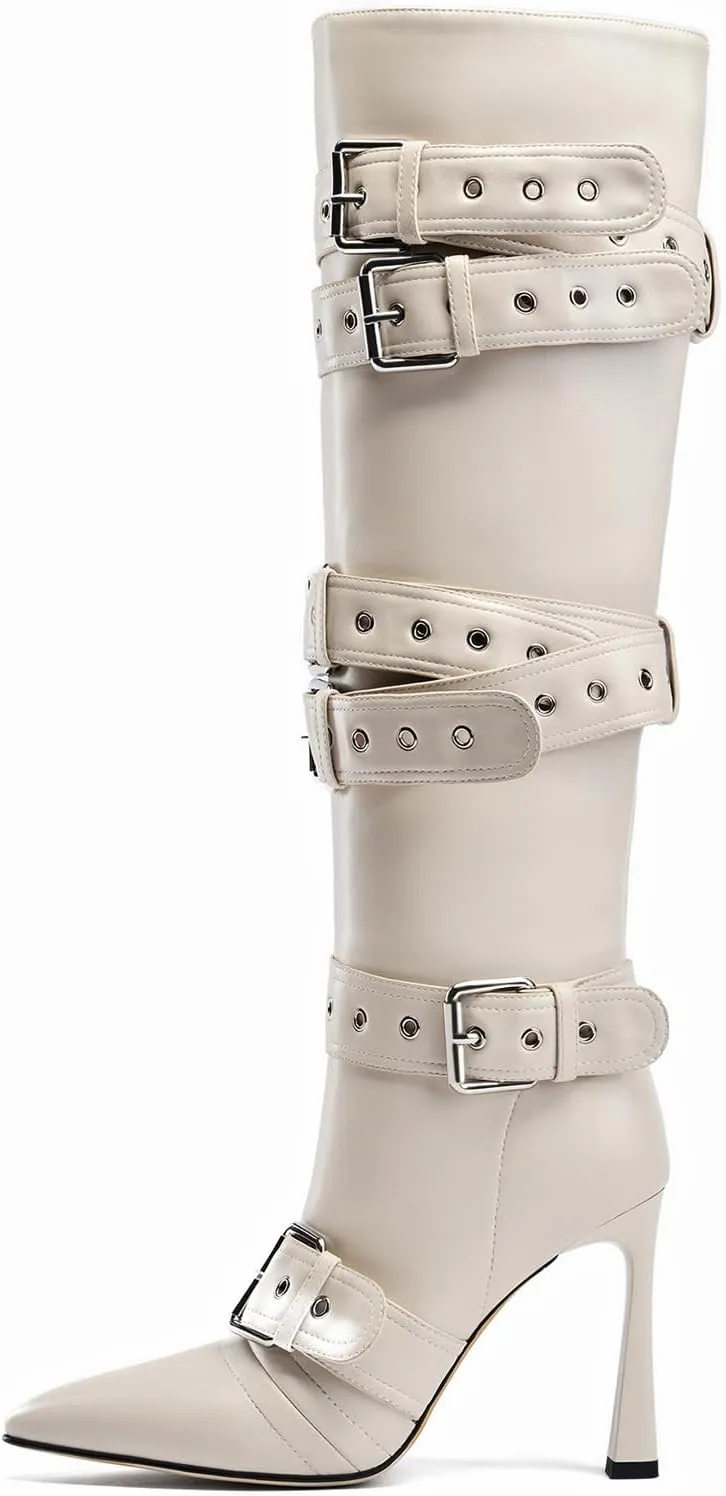 GOSERCE Black White Knee High Boots for Women Sexy Pointed Toe Buckle Rivets Tall Stiletto Boot Fashion Trendy High Heel Long Boots Zipper Ladies Patent Leather Black White Shoes Fall Winter