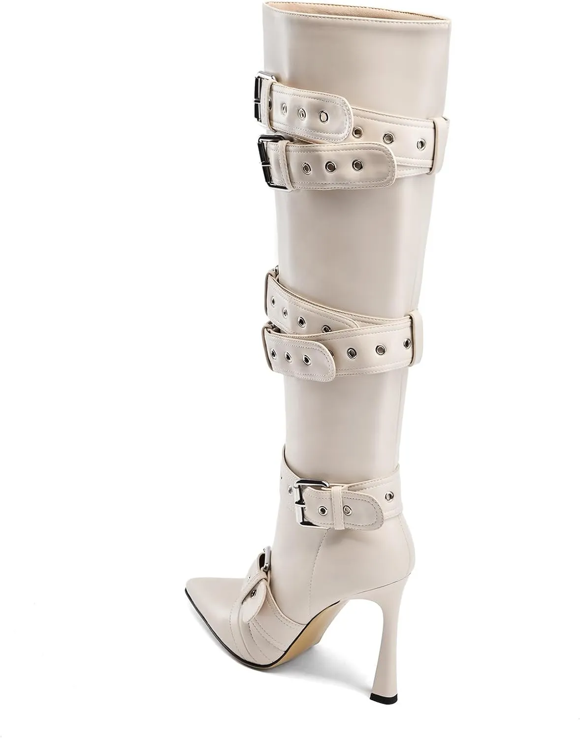 GOSERCE Black White Knee High Boots for Women Sexy Pointed Toe Buckle Rivets Tall Stiletto Boot Fashion Trendy High Heel Long Boots Zipper Ladies Patent Leather Black White Shoes Fall Winter