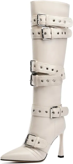 GOSERCE Black White Knee High Boots for Women Sexy Pointed Toe Buckle Rivets Tall Stiletto Boot Fashion Trendy High Heel Long Boots Zipper Ladies Patent Leather Black White Shoes Fall Winter