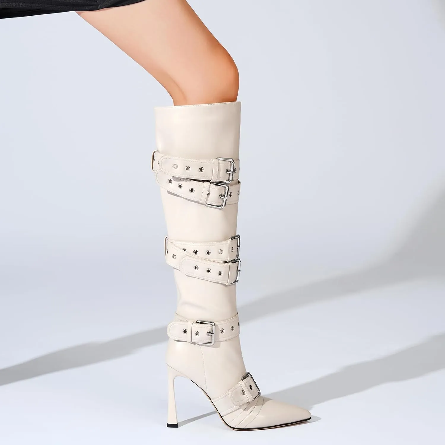 GOSERCE Black White Knee High Boots for Women Sexy Pointed Toe Buckle Rivets Tall Stiletto Boot Fashion Trendy High Heel Long Boots Zipper Ladies Patent Leather Black White Shoes Fall Winter