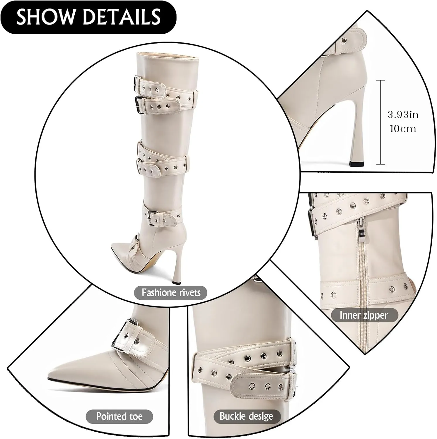 GOSERCE Black White Knee High Boots for Women Sexy Pointed Toe Buckle Rivets Tall Stiletto Boot Fashion Trendy High Heel Long Boots Zipper Ladies Patent Leather Black White Shoes Fall Winter