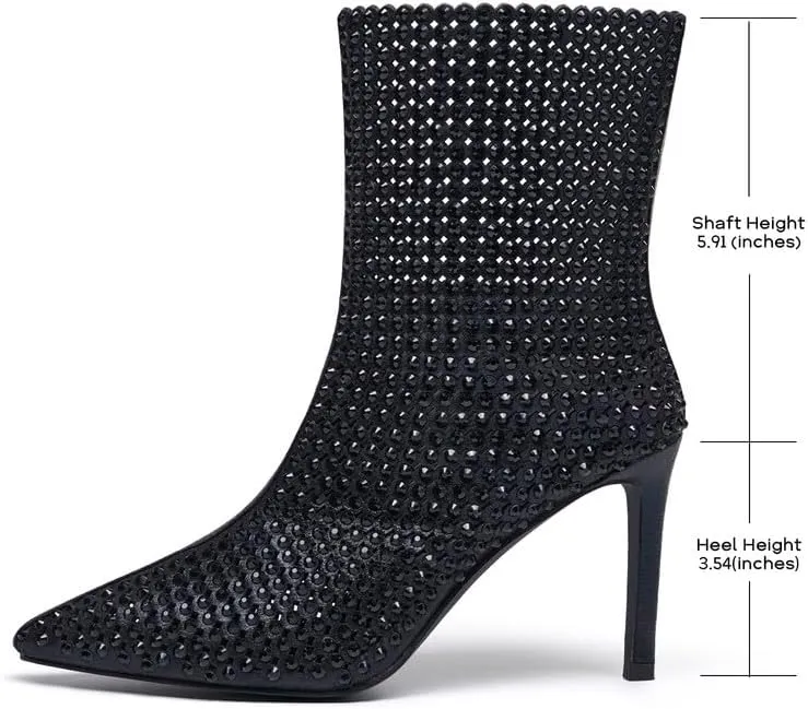 GOSERCE Rhinestone Boots for Women Ankle High Stiletto Heel Hollow Out Breathable Pointed Toe Sexy High Heel Booties Fashion with Side Zipper Party Prom Wedding Birthday