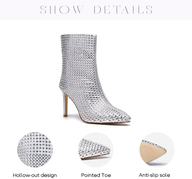 GOSERCE Rhinestone Boots for Women Ankle High Stiletto Heel Hollow Out Breathable Pointed Toe Sexy High Heel Booties Fashion with Side Zipper Party Prom Wedding Birthday