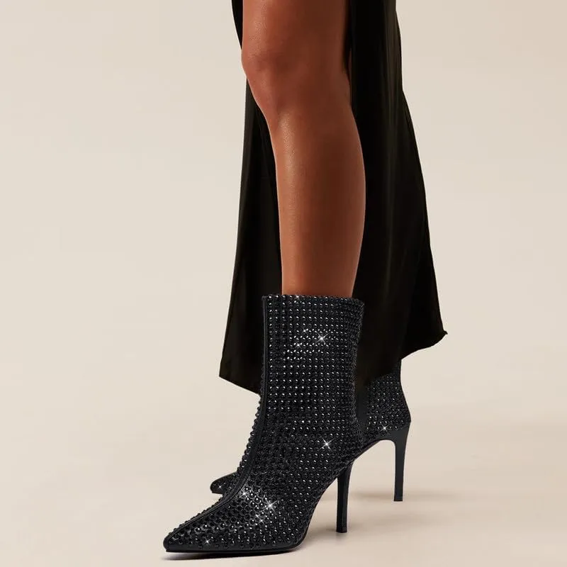 GOSERCE Rhinestone Boots for Women Ankle High Stiletto Heel Hollow Out Breathable Pointed Toe Sexy High Heel Booties Fashion with Side Zipper Party Prom Wedding Birthday