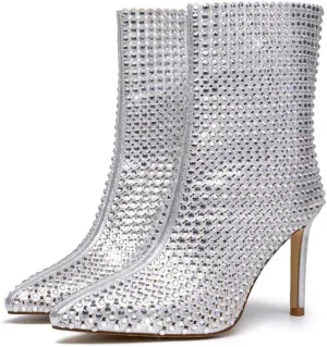 GOSERCE Rhinestone Boots for Women Ankle High Stiletto Heel Hollow Out Breathable Pointed Toe Sexy High Heel Booties Fashion with Side Zipper Party Prom Wedding Birthday