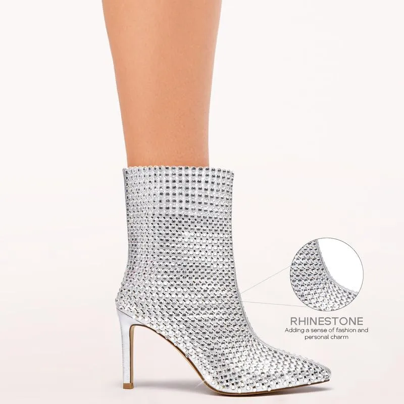 GOSERCE Rhinestone Boots for Women Ankle High Stiletto Heel Hollow Out Breathable Pointed Toe Sexy High Heel Booties Fashion with Side Zipper Party Prom Wedding Birthday
