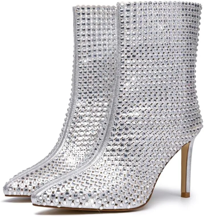 GOSERCE Rhinestone Boots for Women Ankle High Stiletto Heel Hollow Out Breathable Pointed Toe Sexy High Heel Booties Fashion with Side Zipper Party Prom Wedding Birthday