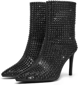 GOSERCE Rhinestone Boots for Women Ankle High Stiletto Heel Hollow Out Breathable Pointed Toe Sexy High Heel Booties Fashion with Side Zipper Party Prom Wedding Birthday