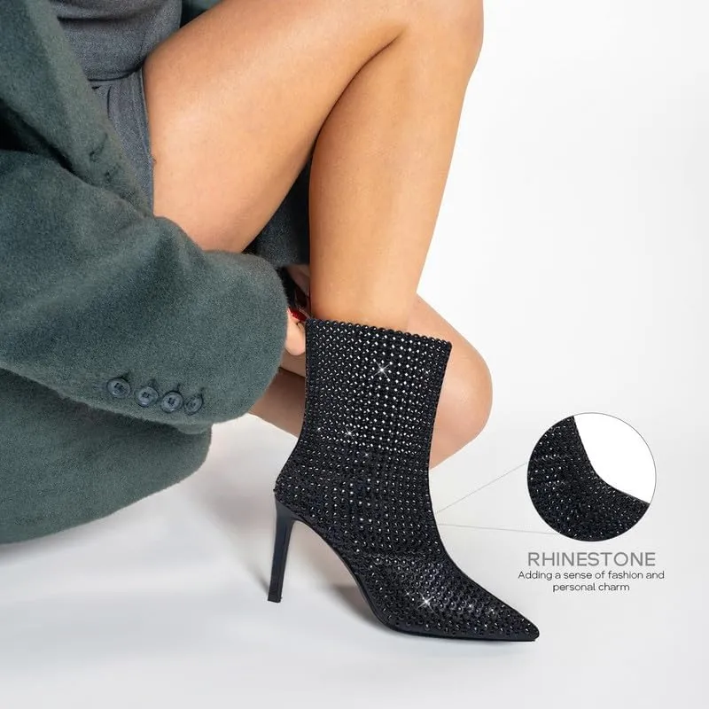 GOSERCE Rhinestone Boots for Women Ankle High Stiletto Heel Hollow Out Breathable Pointed Toe Sexy High Heel Booties Fashion with Side Zipper Party Prom Wedding Birthday