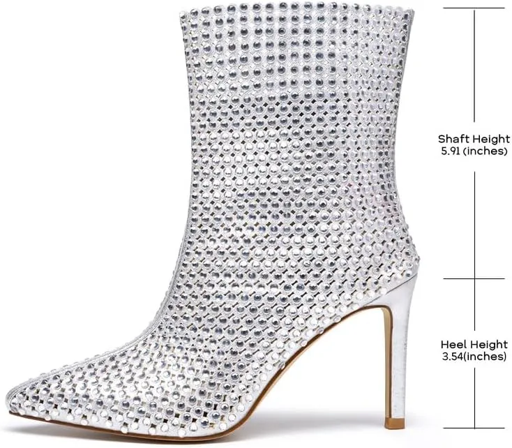 GOSERCE Rhinestone Boots for Women Ankle High Stiletto Heel Hollow Out Breathable Pointed Toe Sexy High Heel Booties Fashion with Side Zipper Party Prom Wedding Birthday