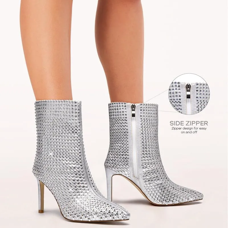 GOSERCE Rhinestone Boots for Women Ankle High Stiletto Heel Hollow Out Breathable Pointed Toe Sexy High Heel Booties Fashion with Side Zipper Party Prom Wedding Birthday