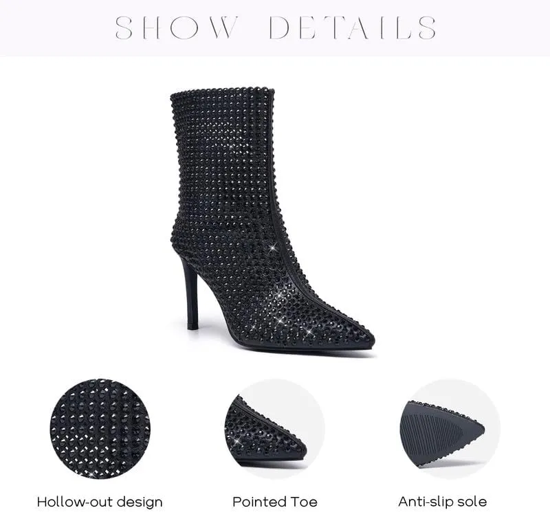 GOSERCE Rhinestone Boots for Women Ankle High Stiletto Heel Hollow Out Breathable Pointed Toe Sexy High Heel Booties Fashion with Side Zipper Party Prom Wedding Birthday