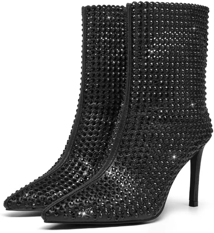 GOSERCE Rhinestone Boots for Women Ankle High Stiletto Heel Hollow Out Breathable Pointed Toe Sexy High Heel Booties Fashion with Side Zipper Party Prom Wedding Birthday