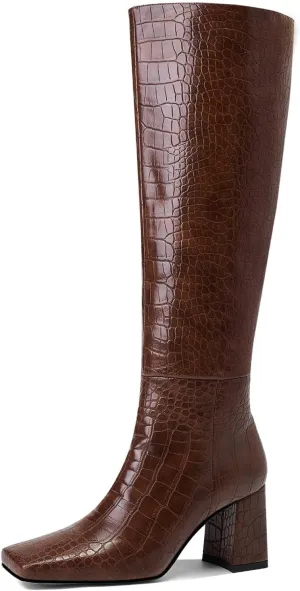GOSERCE Women's Knee High Boots Chunky Heel Square Toe High Heel Tall Long GoGo Boots Faux Crocodile Boots Block Heel Riding Boot for Women