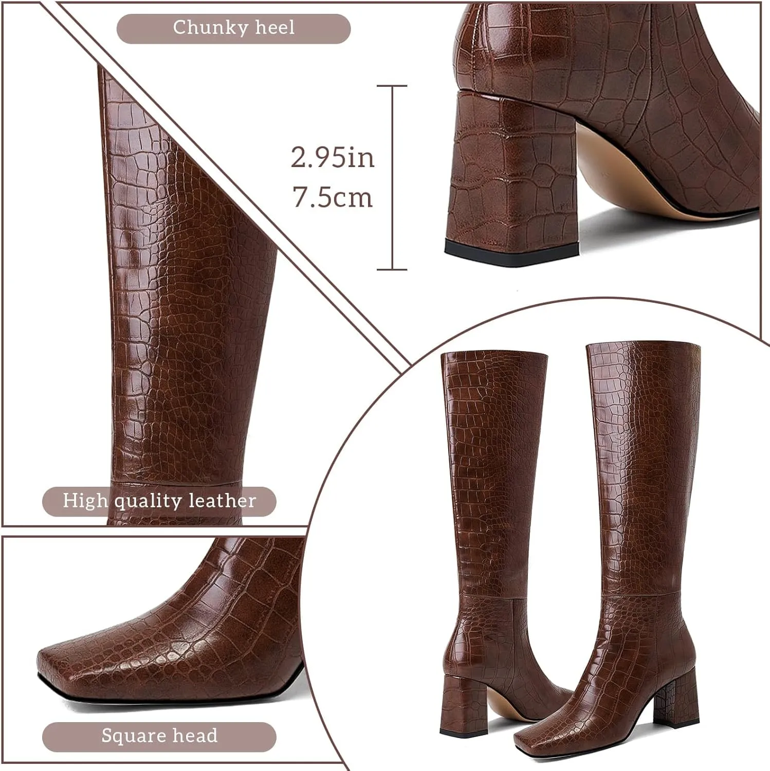 GOSERCE Women's Knee High Boots Chunky Heel Square Toe High Heel Tall Long GoGo Boots Faux Crocodile Boots Block Heel Riding Boot for Women
