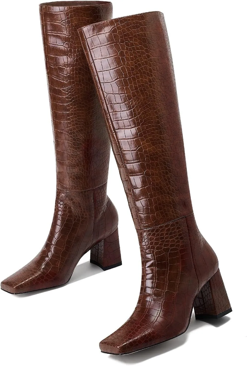 GOSERCE Women's Knee High Boots Chunky Heel Square Toe High Heel Tall Long GoGo Boots Faux Crocodile Boots Block Heel Riding Boot for Women