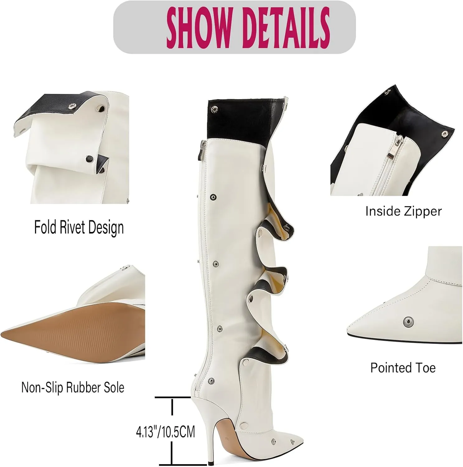 GOSERCE Women's Pointed Toe Fold Over Knee High Shark Cowboy Boots Stiletto Cowgirl High Heel Boots with Zipper Studded Pleated Boots