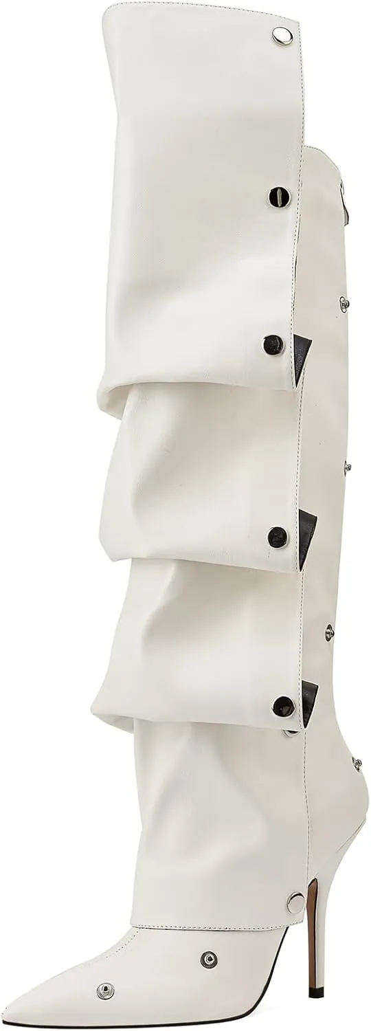 GOSERCE Women's Pointed Toe Fold Over Knee High Shark Cowboy Boots Stiletto Cowgirl High Heel Boots with Zipper Studded Pleated Boots